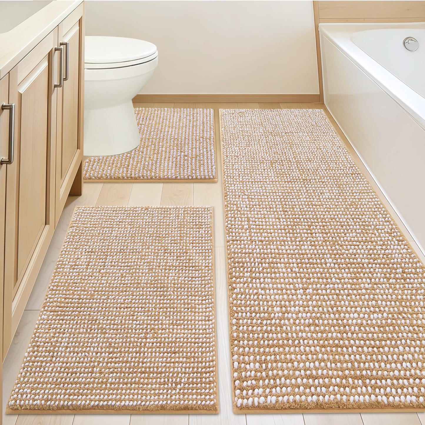 ACCUMTEK Chenille Spliced with Fluffy Cut Pile Absorbent Bath Mat, Thick Plush Bath Rug - Ultra Soft Skin-Friendly, Machine Washable Non-Slip Toilet Mat Set 3 Piece, Beige & White