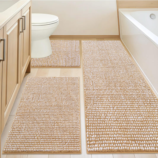 ACCUMTEK Chenille Spliced with Fluffy Cut Pile Absorbent Bath Mat, Thick Plush Bath Rug - Ultra Soft Skin-Friendly, Machine Washable Non-Slip Toilet Mat Set 3 Piece, Beige & White