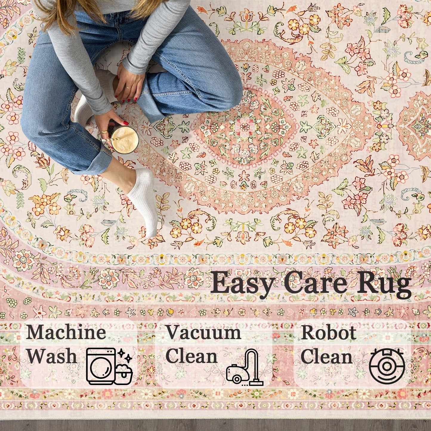 Castage Round Area Rugs 5ft Washable,Pink Rug for Living Room Bedroom