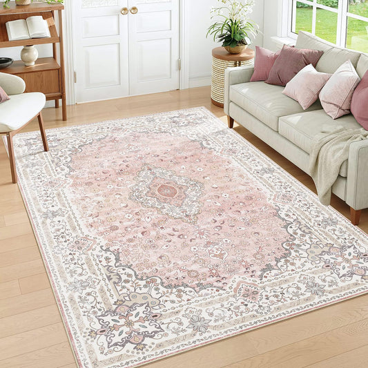 Brakki Pink 5x7 Area Rugs for Living Room, Washable Vintage Boho Rug Non Slip for Bedroom Kitchen Office, Low Pile Soft Stain Resistant Carpet Floor Indoor Laundry Dining Room