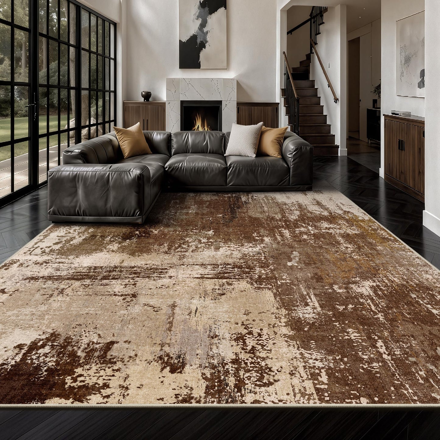 Yarooge 8x10 Rugs for Living Room - Modern Abstract Washable Rug, Ultra Soft Non Slip Low Pile Large Rugs, Floor Carpet for Bedroom Dining Room Office Laundry Nursery Home(A-Brown)