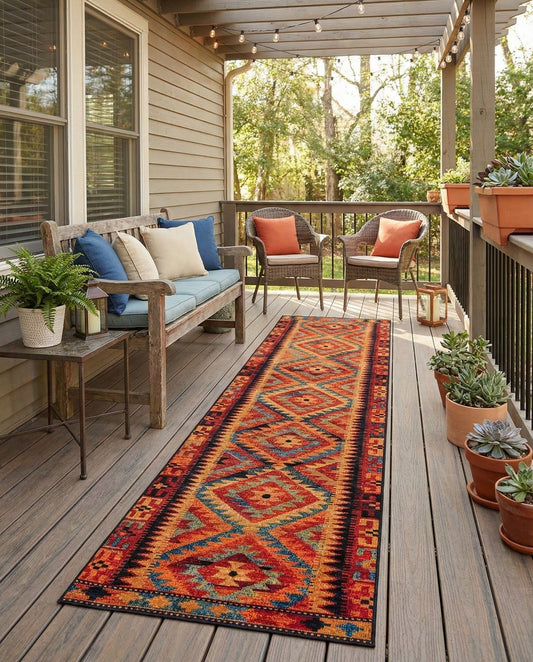 Rugs.com - Outdoor Tribal Rug – 10 Ft Runner Multi Indoor/Outdoor Rug – Washable, Stain-Resistant Runner for Patios, Decks, and Hallways