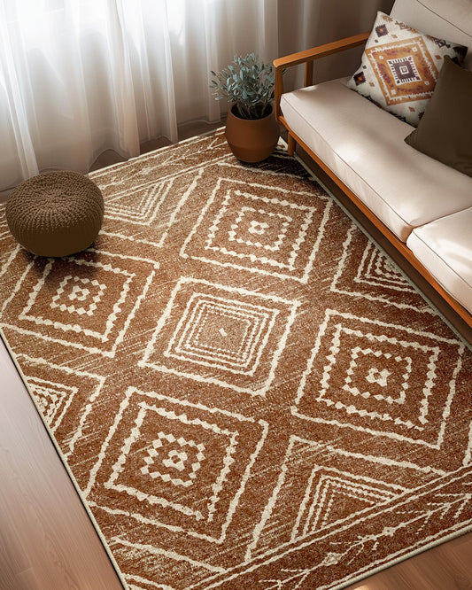 BESTSWEETIE Area Rug 5x7 Rug Machine Washable Non-Slip Low Pile Print Pattern Western Rug for Living Room Bedroom Entryway Tribal Series -Yellowbrown/Cream