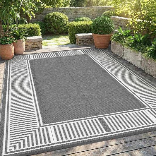 GAOMON Waterproof Outdoor Rug for Patios 9x12 Reversible Plastic Straw Area Rug, Indoor Outdoor Large RV Camping Carpet Mat for Picnic, Backyard, Deck, Balcony, Porch, Beach,Border-Grey