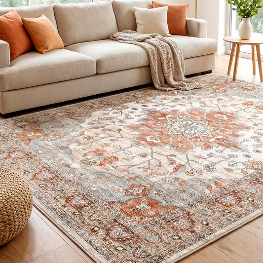 YBYX 6x9 Area Rugs for Living Room, Machine Washable Boho Vintage Rug, Waterproof Surface & Non-Slip Backing, Foldable Soft Low Pile Floral Medallion Carpet for Bedroom Dining Room