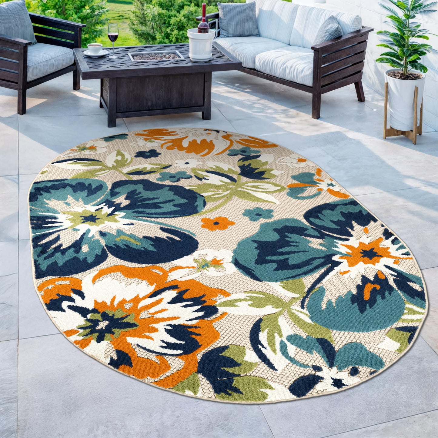 Rugshop Multi Bergamo Floral Indoor/Outdoor Oval Area Rug Machine Washable for Patio, Deck and Living Room, 5' x 7' Oval