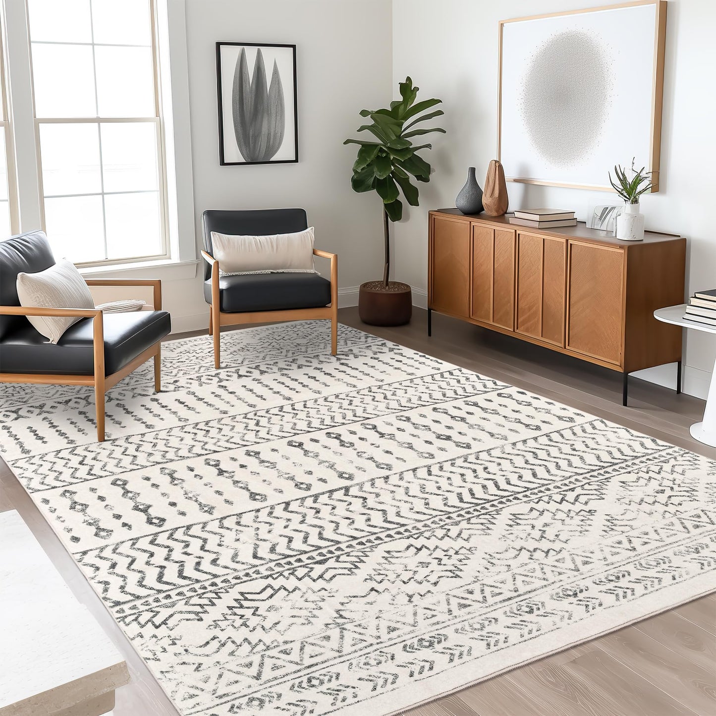 Art&Tuft Area Rug 5x7, Super Soft Ultra-Thin Moroccan Washable Rugs 5x7, Anti-Slip Backing Rugs for Living Room, Foldable Geometric Machine Washable Area Rug(5'x7', Ivory)