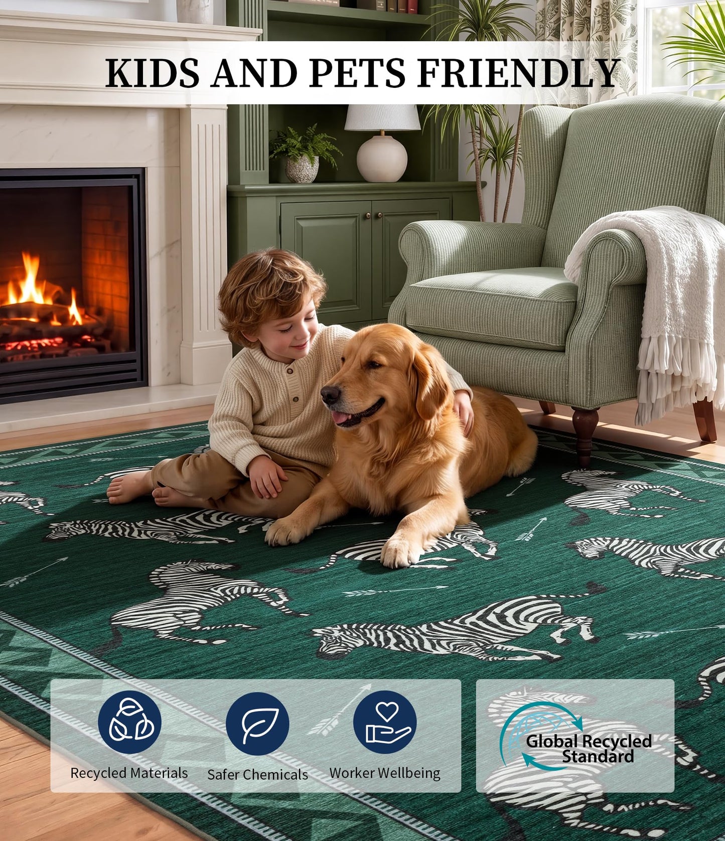 YIHOUSE Green Zebra Area Rugs 5×7, Washable Animal Print Rug with Southwestern Border, Non-Slip Low Pile Mid-Century Modern Carpet for Living Room, Bedroom, Dining Room