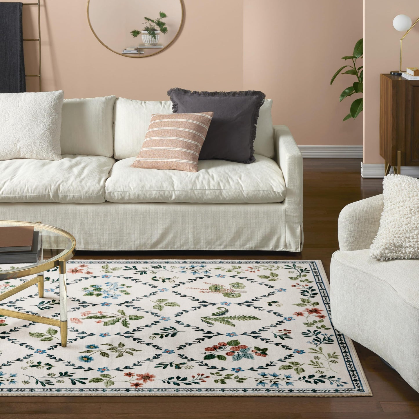 EVERWASH Haven Floral Trellis Machine Washable Area Rug with Airflo Technology for Easy Clean, Ultra-Soft Non-Slip Rug with Built-in Pad, Pet, Family & Allergy Friendly Rug, Ivory, 8'x10'