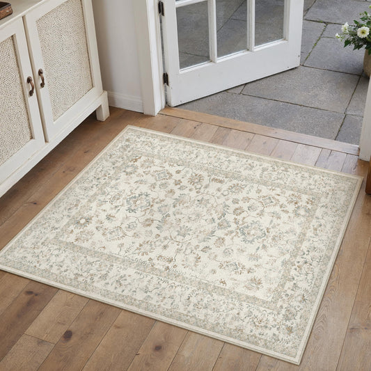 PureCozy 2x3 Taupe Entryway Area Rug Machine Washable Door Mat Kitchen Vintage Distressed Non Slip Carpet Indoor Retro Floral Accent Throw Small Rug for Bathroom Office Bedroom Living Dining Room