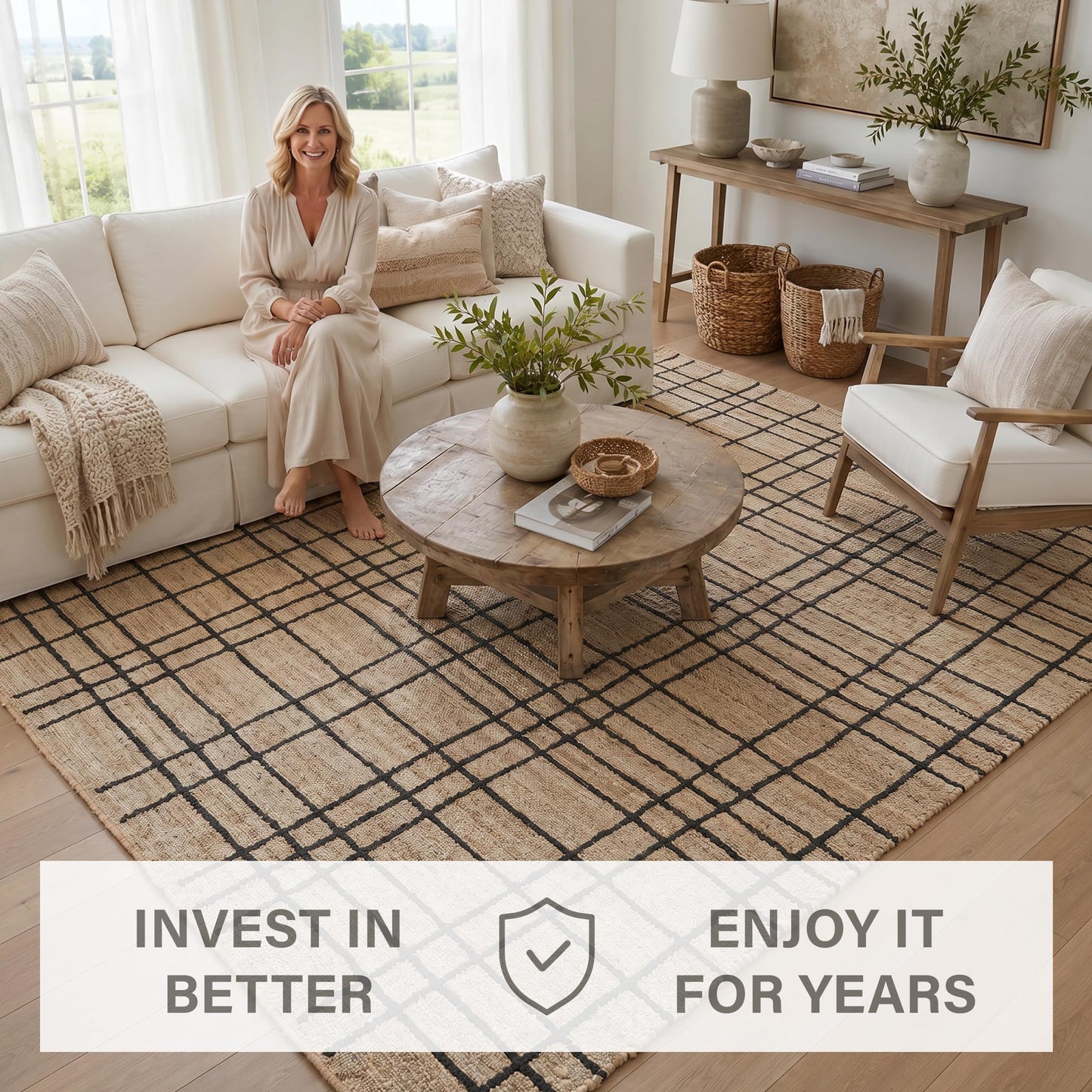 Homespice Nell Jute Plaid Area Rug 4x6' - Cotton Backed Premium Handmade Jute Geometric Area Rug for Bedroom and Office, Lays Flat, Won't Fray or Shed, Rich Natural Brown & Black Windowpane