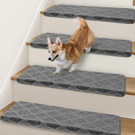 Bullnose Stair Treads Non Slip 9.5" x 32", 14 Pcs Carpet Stair Treads for Wooden Steps Indoor with Edge Protection, Reusable Peel and Stick TPU Backing Stair Runner Rugs - Diamond Pattern Grey.