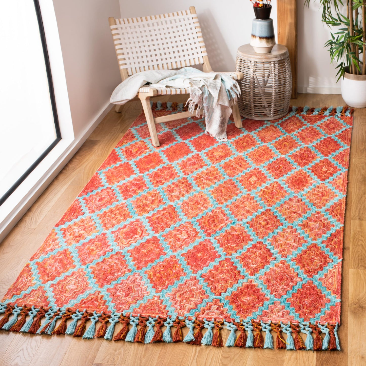SAFAVIEH Sahara Collection Area Rug - 6' x 9', Rust & Aqua, Handmade Boho Tassel, Ideal for High Traffic Areas in Living Room, Bedroom (SAH467P)
