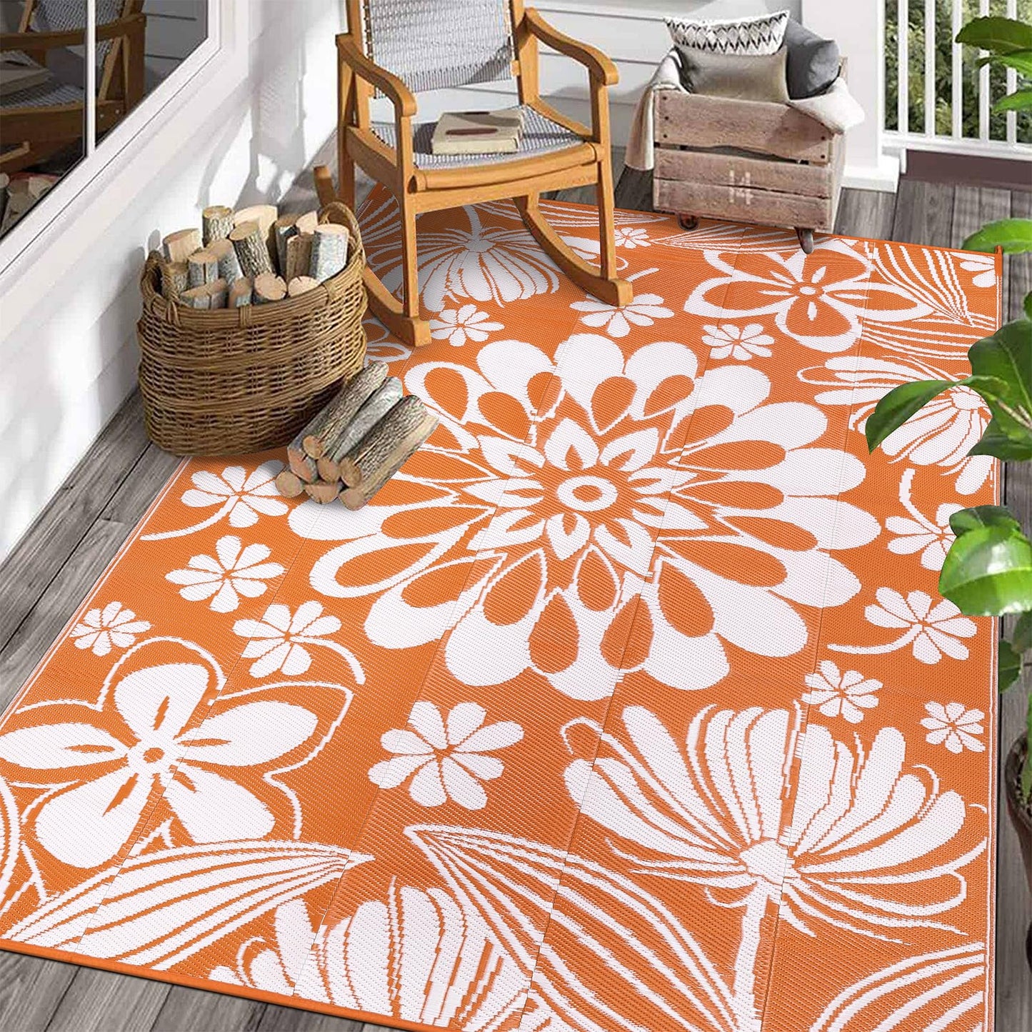 Ileading Outdoor Patio Rug, Orange Floral Reversible Outdoor Rug, Waterproof Plastic Straw Mat, Portable Outside Deck Area Rug, Camping RV Carpet for Porch Balcony (6×9 ft)