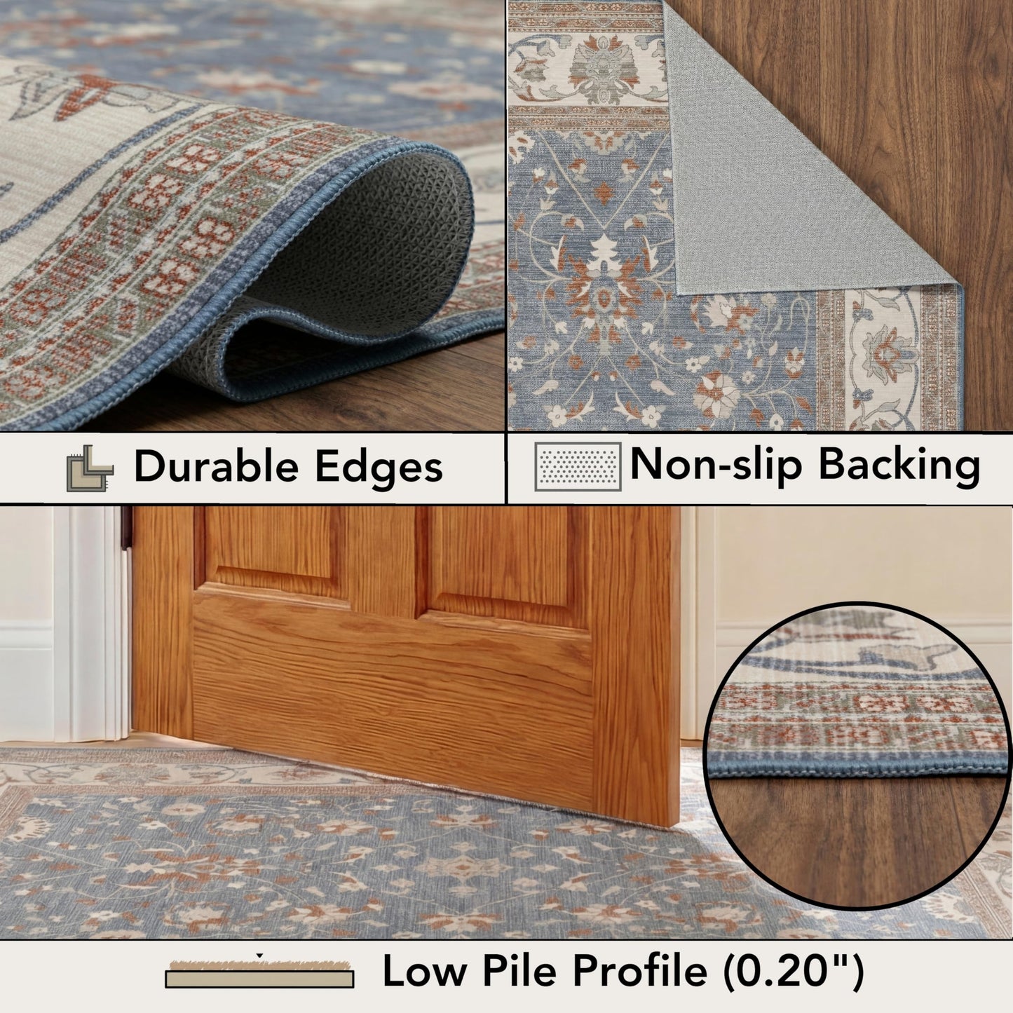 Kuden 6x9 Area Rug, Machine Washable Area Rug with Non-Slip Backing, Vintage Style, Soft, Easy Clean, Low Pile Rug for Living Room, Bedroom, Dining Room