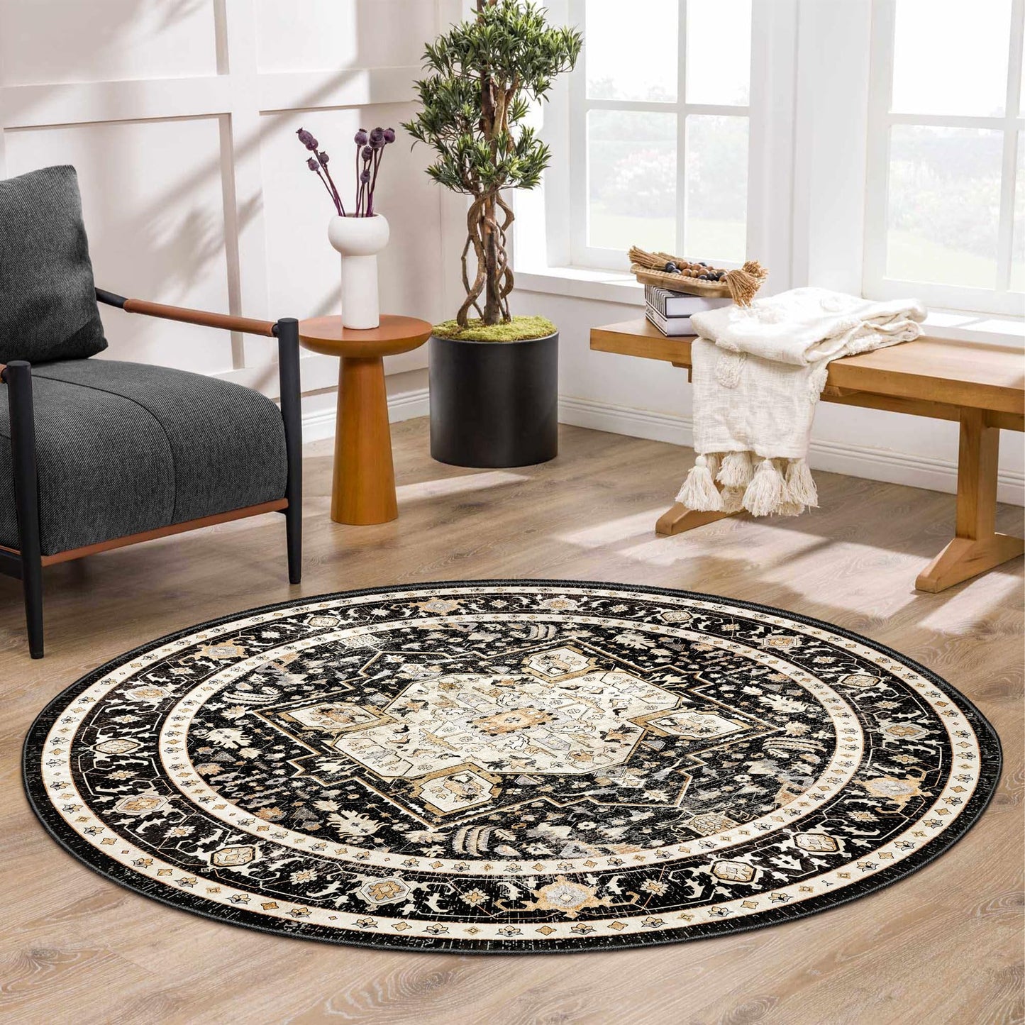 MUJOO Round Rug 5ft,Black Circle Area Rug Washable,Boho Circular Rugs for Bedroom Living Room,Non Slip Throw Carpet Soft Vintage Black and Gold Floral