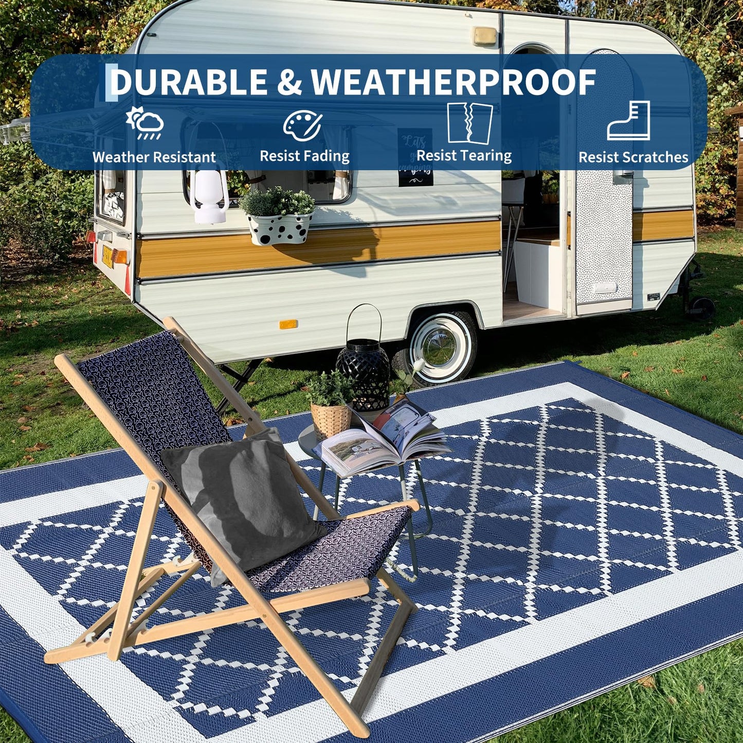 GAOMON Outdoor Plastic Straw Rug 9x18 Waterproof Patio Rug Reversible Camping Mat, Foldable Portable RV Picnic Carpet with Bag & 4 Stakes, UV Resistant Outside Carpet for Deck Balcony, Navy