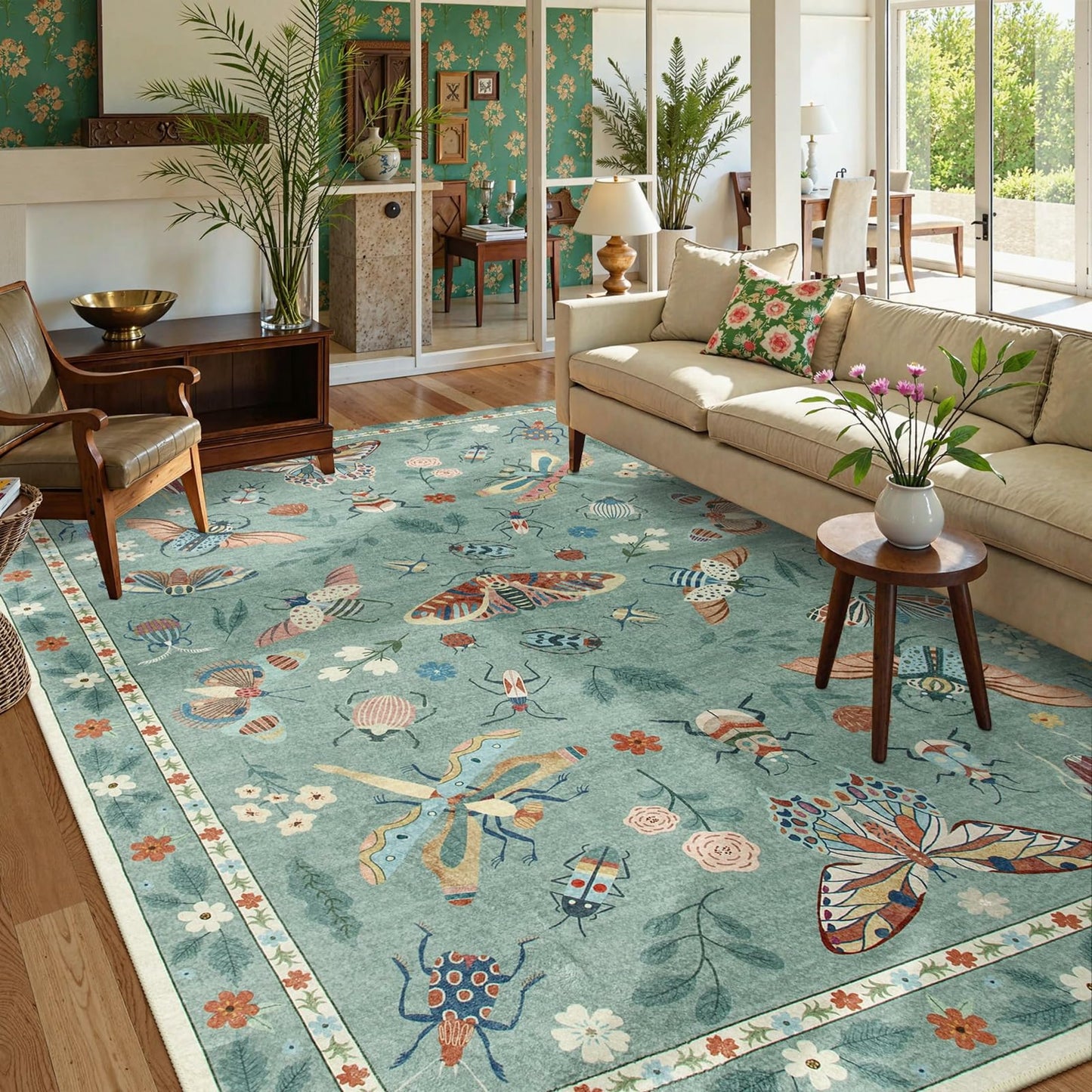 Lahome Insect Washable Area Rugs 5x7, Soft Green Rug for Living Room Bedroom Ultra-Thin Non-Shedding, Modern Throw Large Carpet for Dining Room Nursery Vionnet(5'x7',Green)