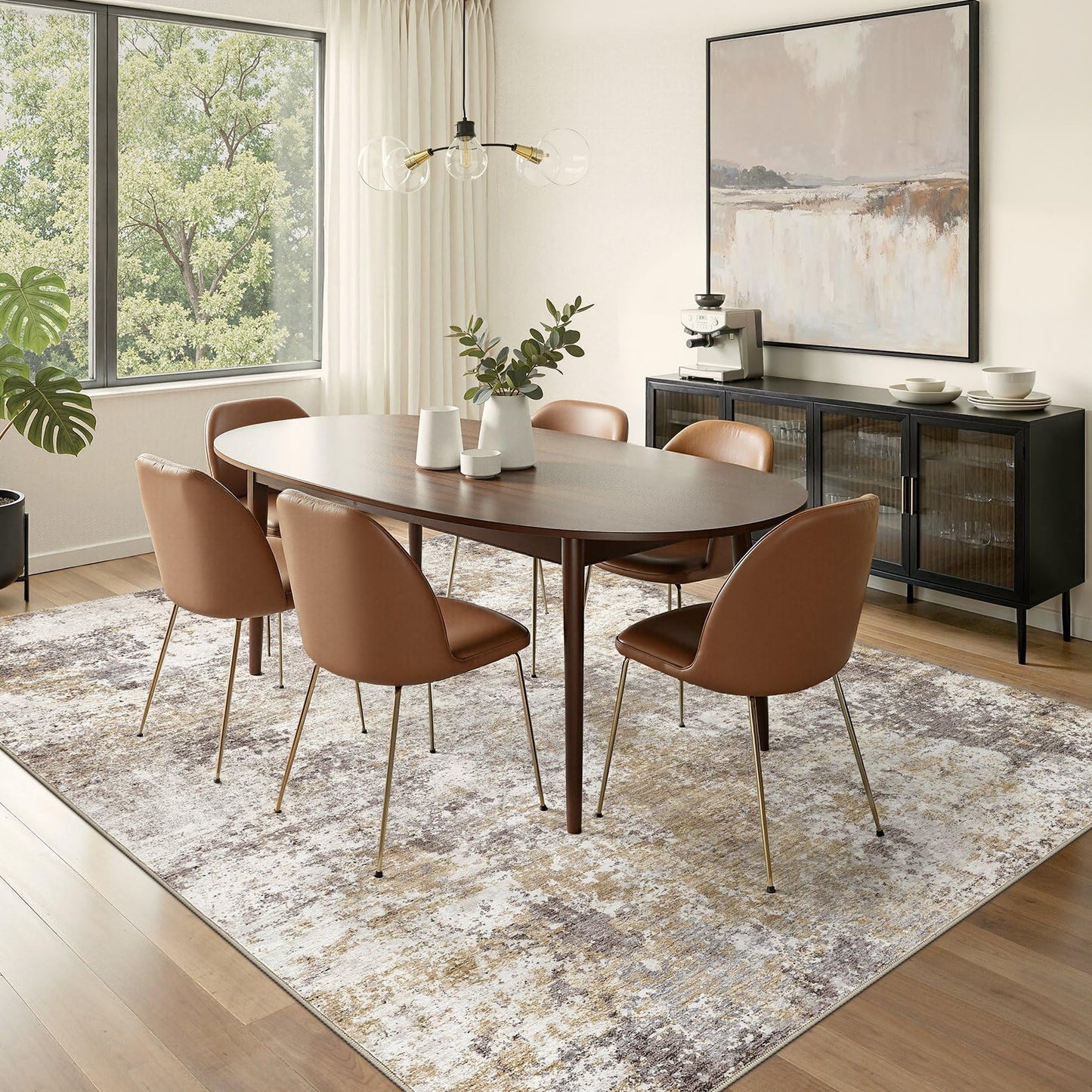 Nakagishi 9X12 Area Rugs for Living Room: Washable Modern Abstract Rug with Non-Slip Silicone Backing Low Pile Soft Carpet for Bedroom & Dining Decor Ideal for Families with Kids and Pets-Brown