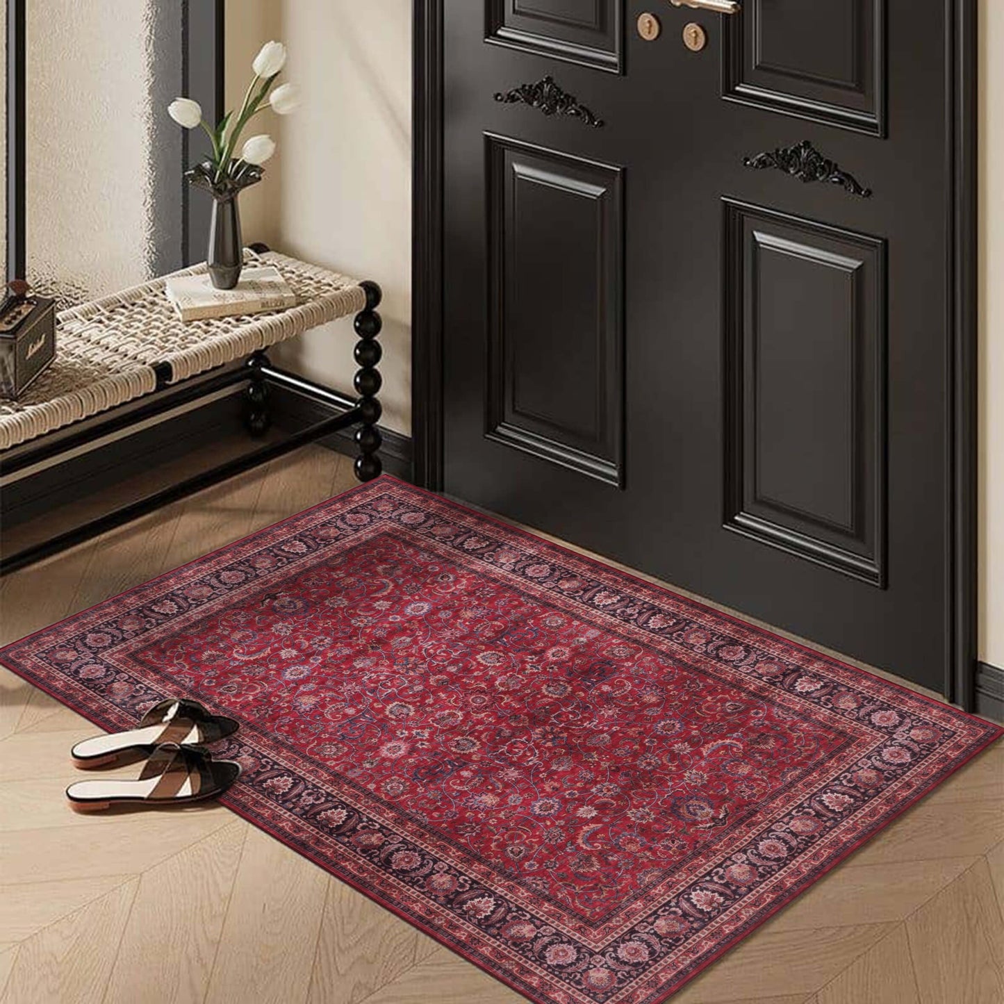 GLN Rugs Traditional - Yildiz - Machine Washable Area Rug, Vintage Washable, Non Slip, Low Pile Area Rug, Entryway, Hallway, Kitchen Rug - Easy Clean (2' x 3' Dark Red)