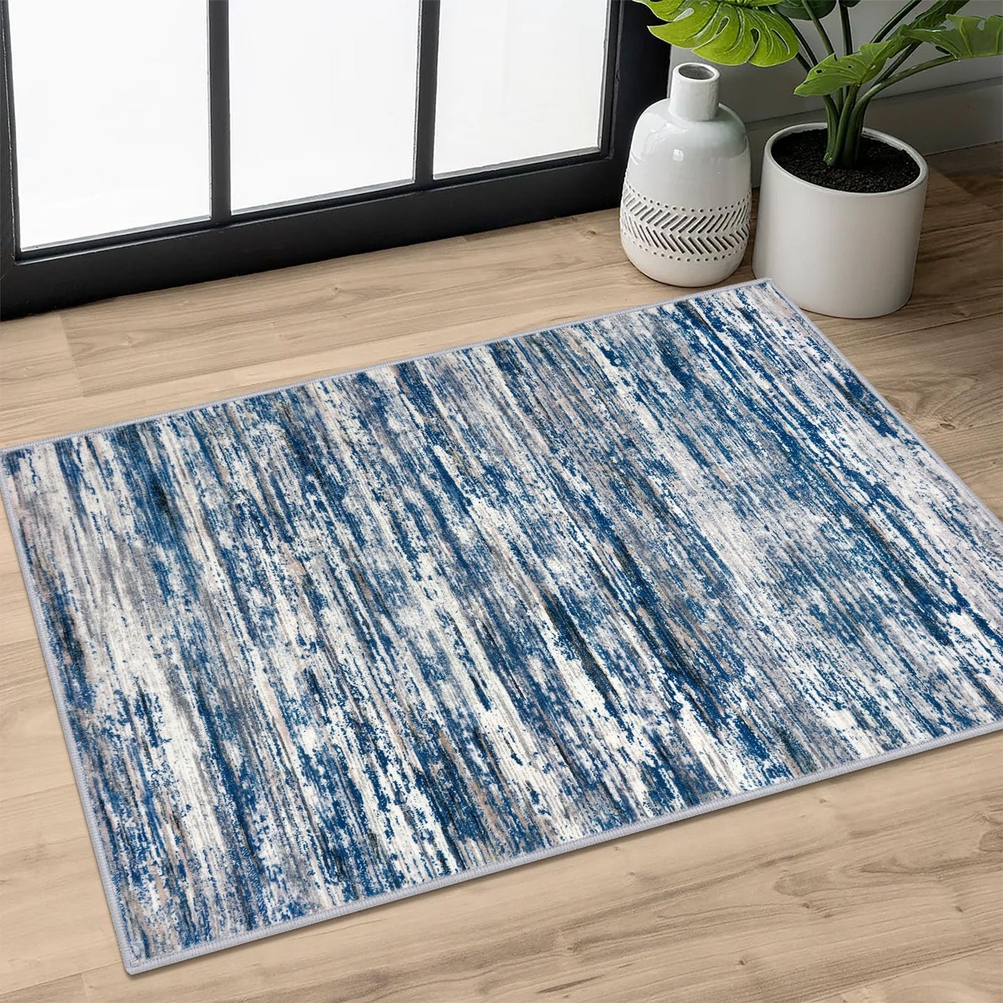 SIILOOM 2x3 Modern Abstract Rug for Entryway, Navy Blue Gray Neutral Multi Super Soft Small Area Rug, Washable Non-Slip Kitchen Rugs, Low-Pile Mat for Bedside, Indoor Door Mat