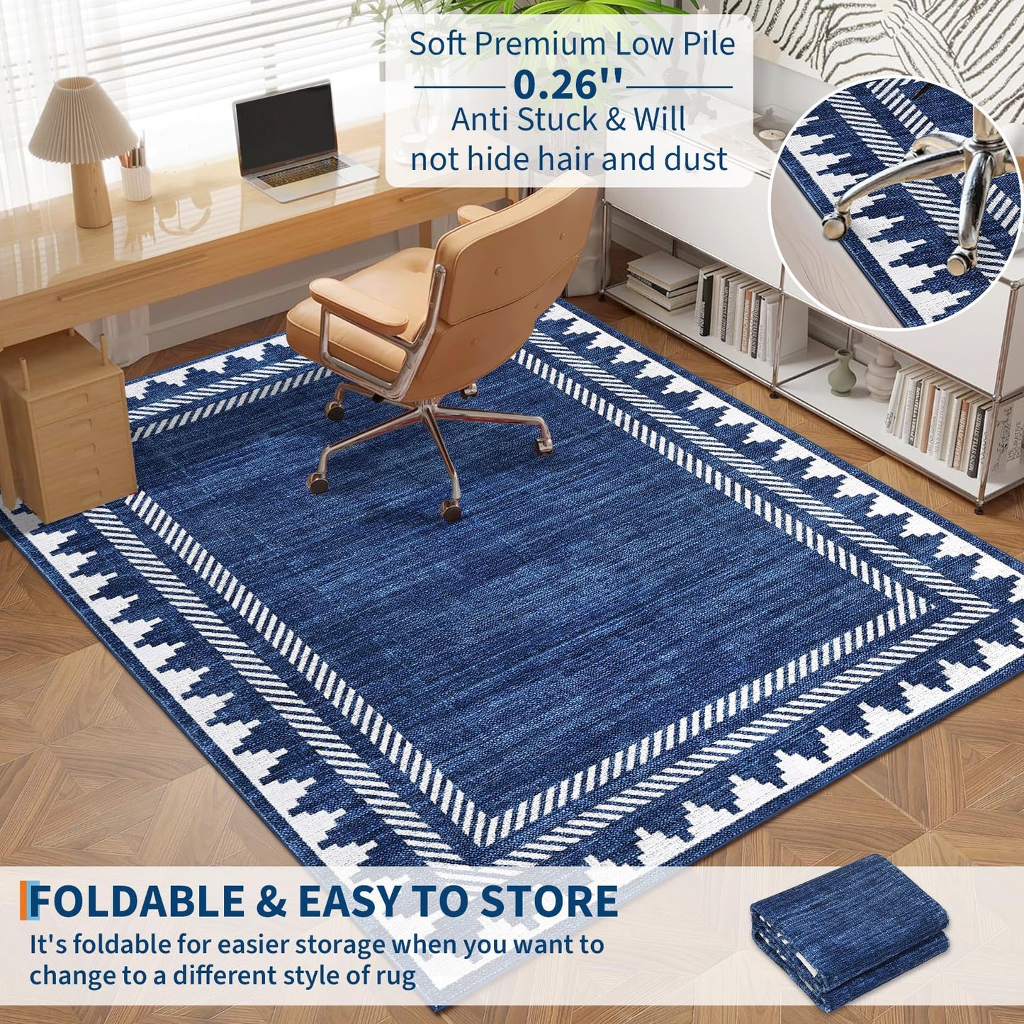 Garvee Washable 9x12 Area Rug Modern Solid Living Room Rug, Large Bordered Rugs for Bedroom Neutral Carpet 9 x 12 Rugs for Farmhouse Dining Room Non-Slip Stain Resistant Under Table Blue Rug
