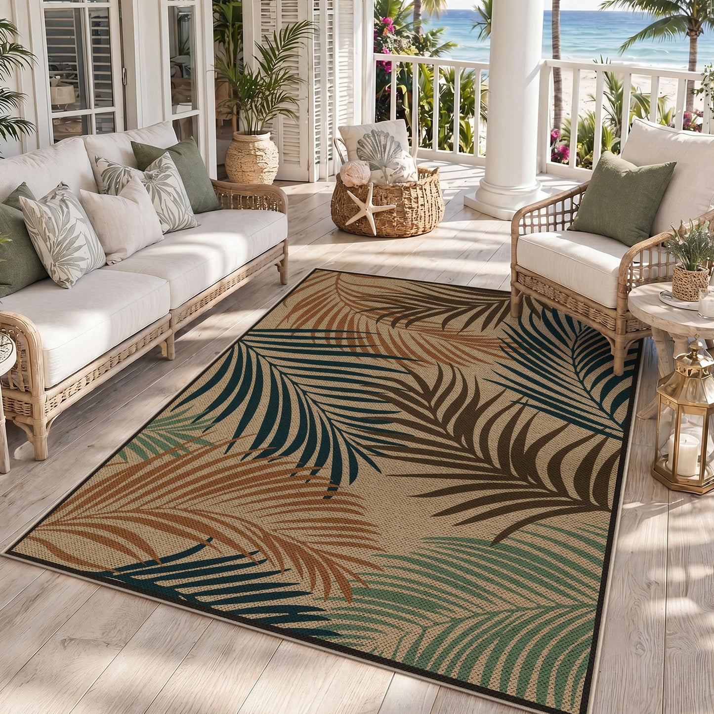 Tribesigns Easy Jute 5x7 Washable Indoor Outdoor Rugs, Coastal Blue/Tan/Green Patio Rug, Boho Leaf Beach Non Slip Living Room Area Rugs for Bedroom, Farmhouse Dining Room Carpet for Backyard Office