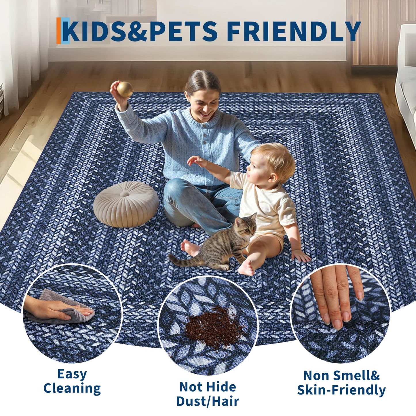 Braided 5x7 Rugs for Living Room Washable Easy Jute Outdoor Patio Rug Non Slip Stain Resistant Modern Bordered Bedroom Throw Carpet Indoor Outdoor Low Pile Area Rugs for Porch Kitchen, Slate/Blue