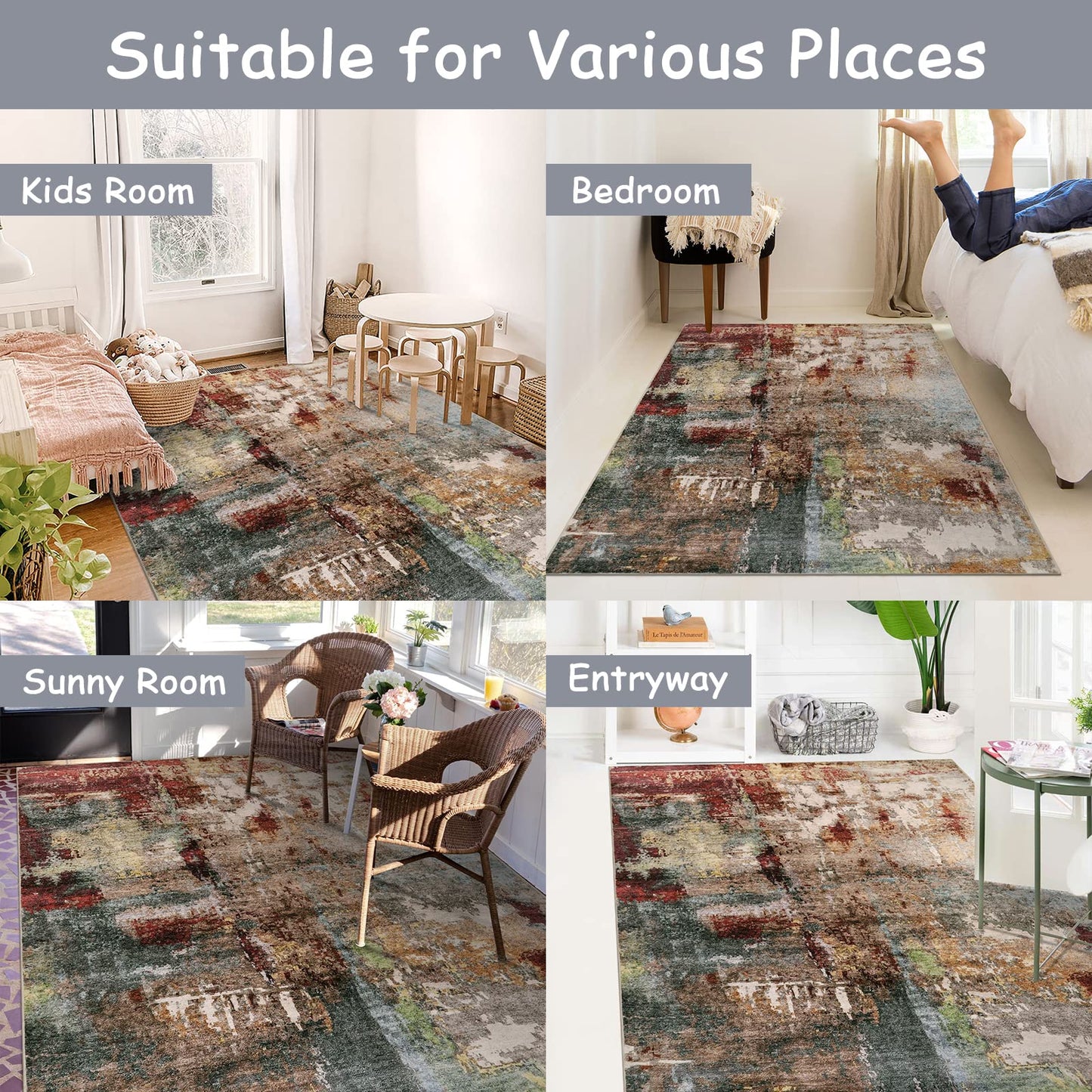Lahome Modern Abstract 5x7 Area Rugs for Living Room, Washable Bedroom Rug Soft Non Slip Low Pile, Faux Wool Contemporary Carpet for Indoor Floor Decor Home Office Dining Room,Red/Multi