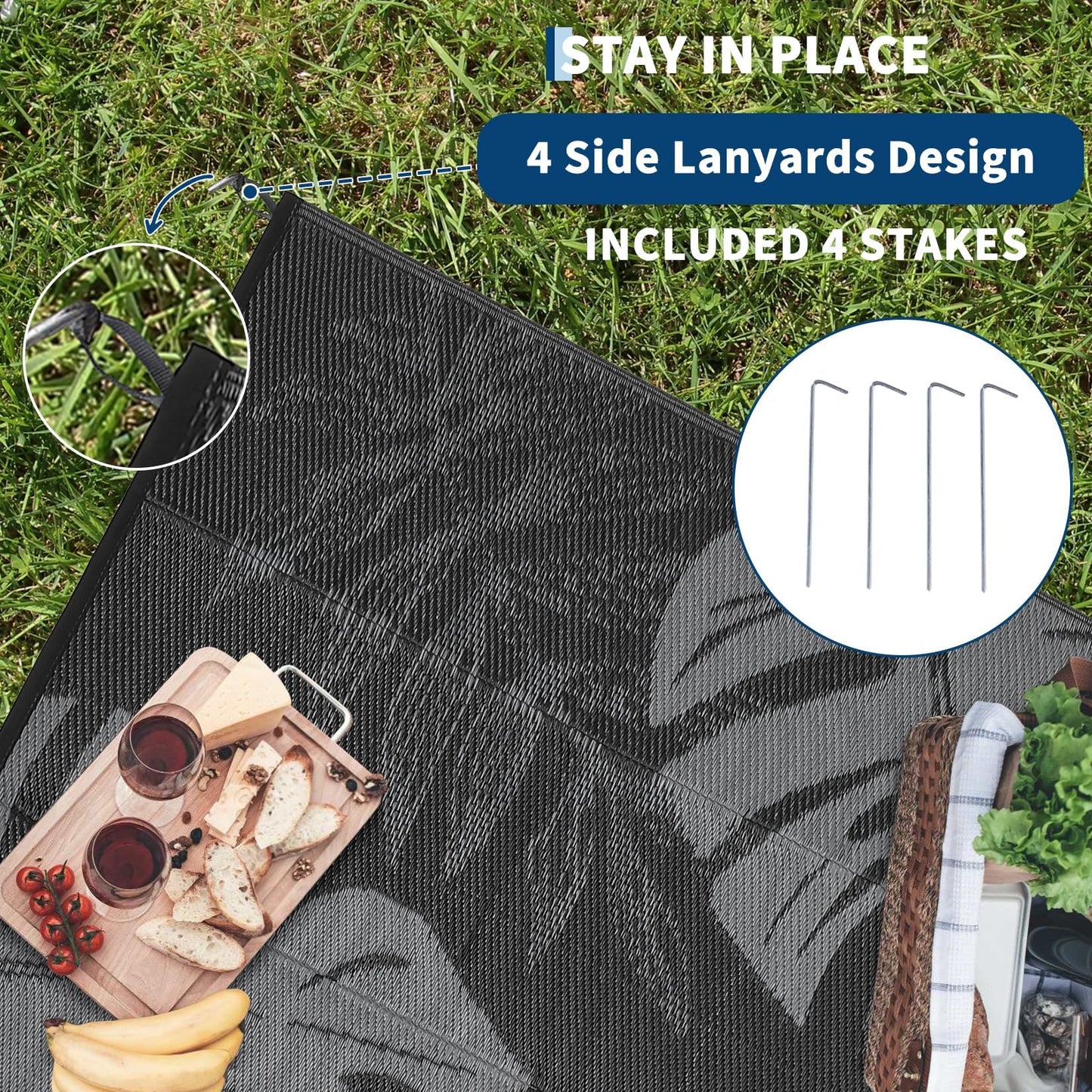 MilleLoom Outdoor Rug 8x10 Waterproof Patio Rugs Modern Leaf Print Reversible Mat for Front Door Rv Foldable Plastic Straw Carpet for Travel Trailers, Deck, Porch, Camper, Balcony, Beach，Black/Grey