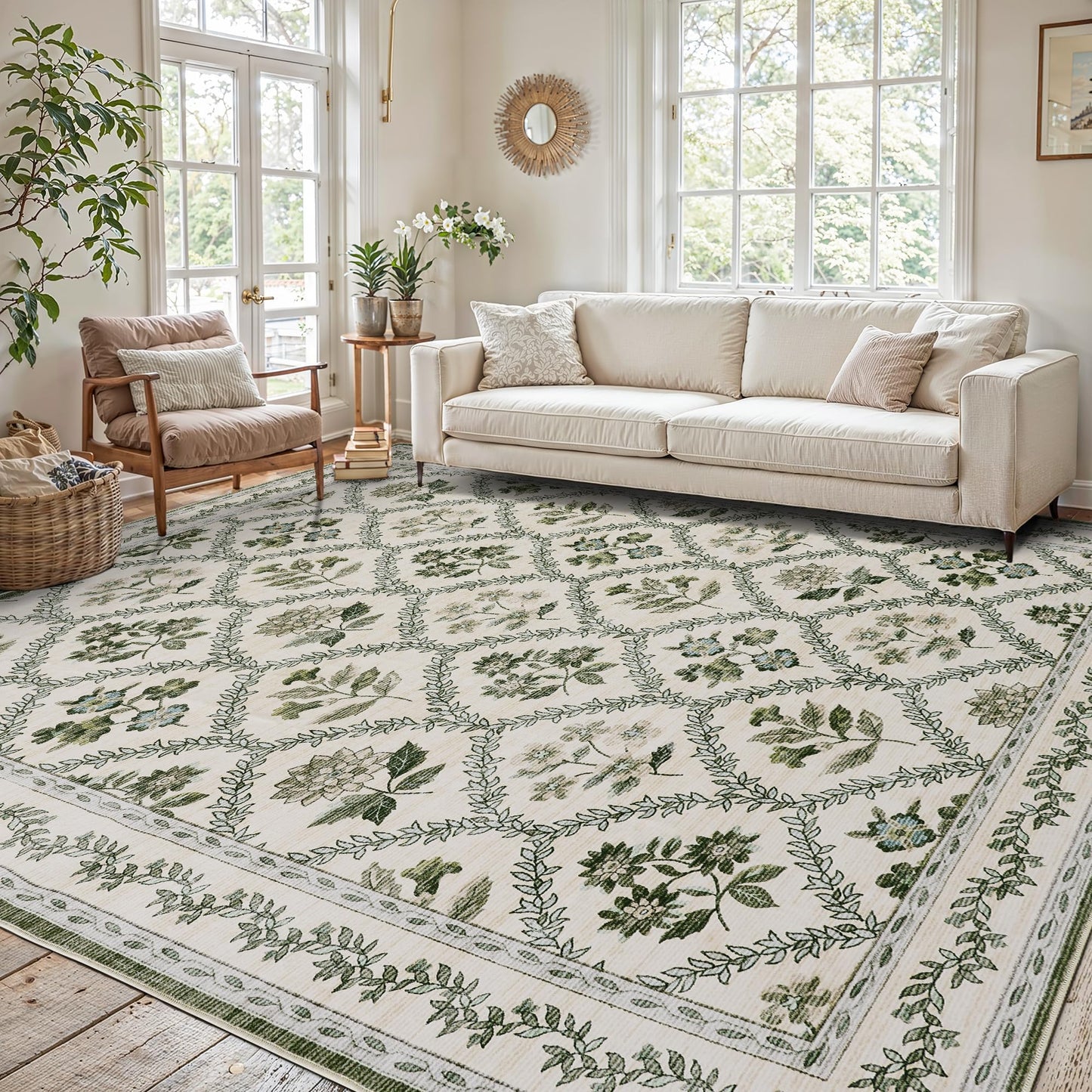 Green Floral Living Room Rug 5x8 Olive Green and Beige Area Rug Washable Bedroom, Low-Pile Soft Dining Room Farmhouse Boho Cottage Aesthetic Vintage Floor Covering Print Playroom Carpet
