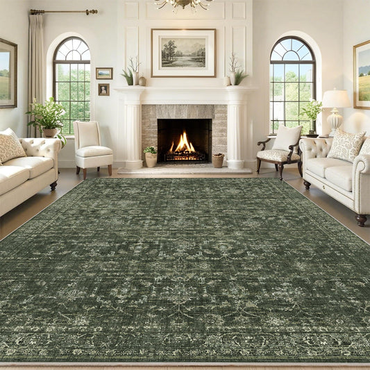 Washable Area Rug 9x12 Green Rugs for Living Room, Vintage Boho Large Rug for Bedroom Dining Room Office, Distressed Floral Print Carpet for Under Table, Soft Non Slip Low Pile Throw Carpet Indoor Mat