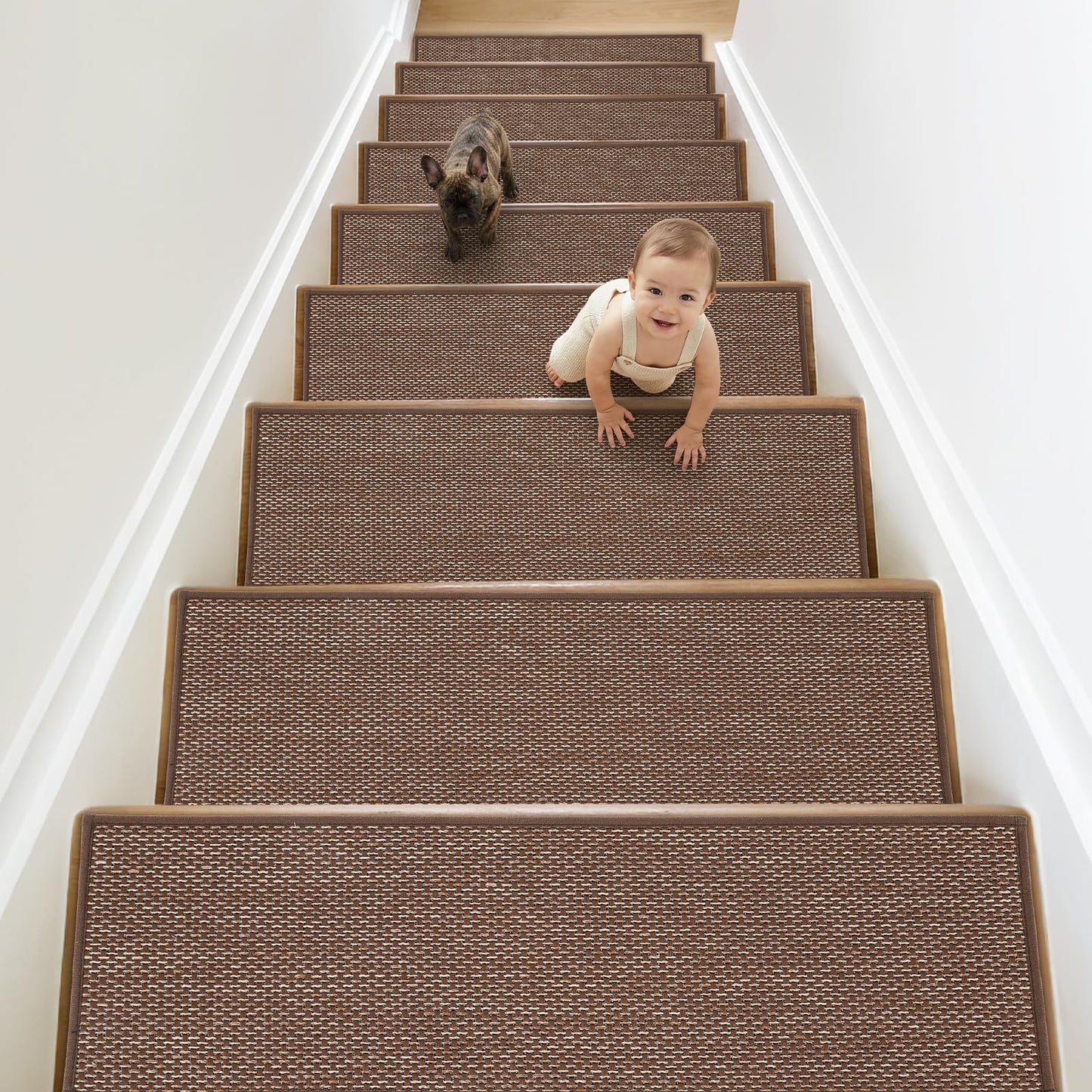 WICHEMI 9"x30"Stair Treads Non Slip Indoor, 15 Pack Stair Runner Carpet, Stair Covers for Wood Stairs with Reusable Adhesive for Kids Seniors Pets, Brown