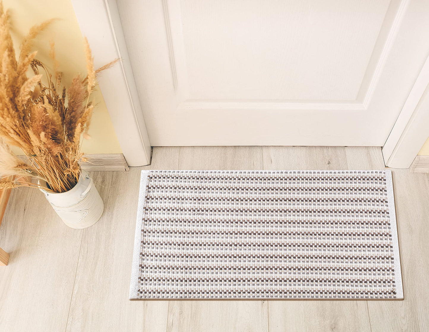 Cotton Chalk Stripe Woven Area Rug 2x3 Feet - Grey Beige, Farmhouse Soft & Durable Decorative Washable Floor Rugs Ideal for Entryway, Bedroom, Kitchen | Linen Small Nersery Space Reversible Door Mats