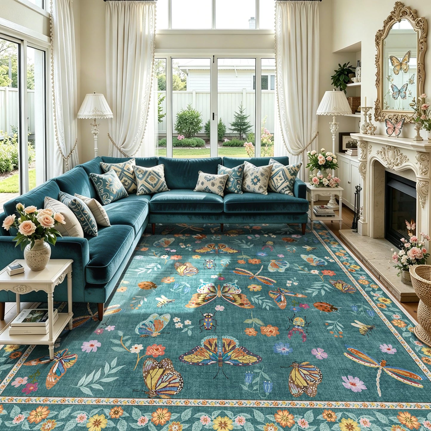 AIMPEAK Insect Washable Rugs 8x10 Teal, Soft Butterfly 8x10 Area Rugs for Living Room Indoor, Non Slip Bug Bedroom Rug Under Bed Thin Large Carpet with Flowers for Dining Room Office Playroom