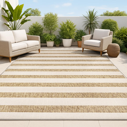 JONATHAN Y Wide Stripe Indoor Outdoor Area Rug 4X6 Beige/Brown, Aveiro for Backyard, Patio, Porch, Easy-Cleaning, High Traffic, Pet-Friendly, Non-Shedding (SMB112A-4)