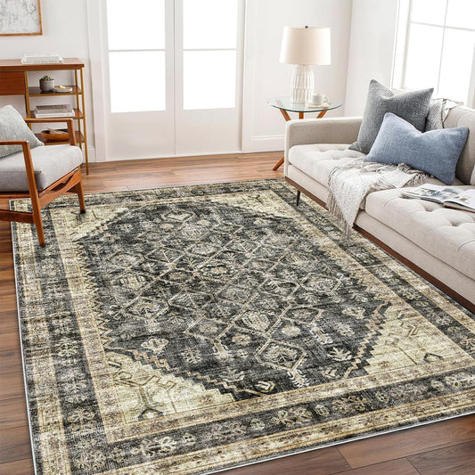 CHAMPLANT Washable Area Rug 3'x5' Vintage Traditional Floor Cover Foldable Thin Rugs Retro Kitchen Indoor Distressed Non Slip Carpet Floral Print Mat Bedroom Living Room