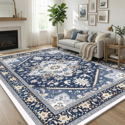 OPPODREAM Soft Area Rugs 9x12 Living Room, Washable Rugs 9x12 with Non Slip Backing, Faux Cashmere Low-Pile 9 x 12 Carpet, Navy Blue & Gold