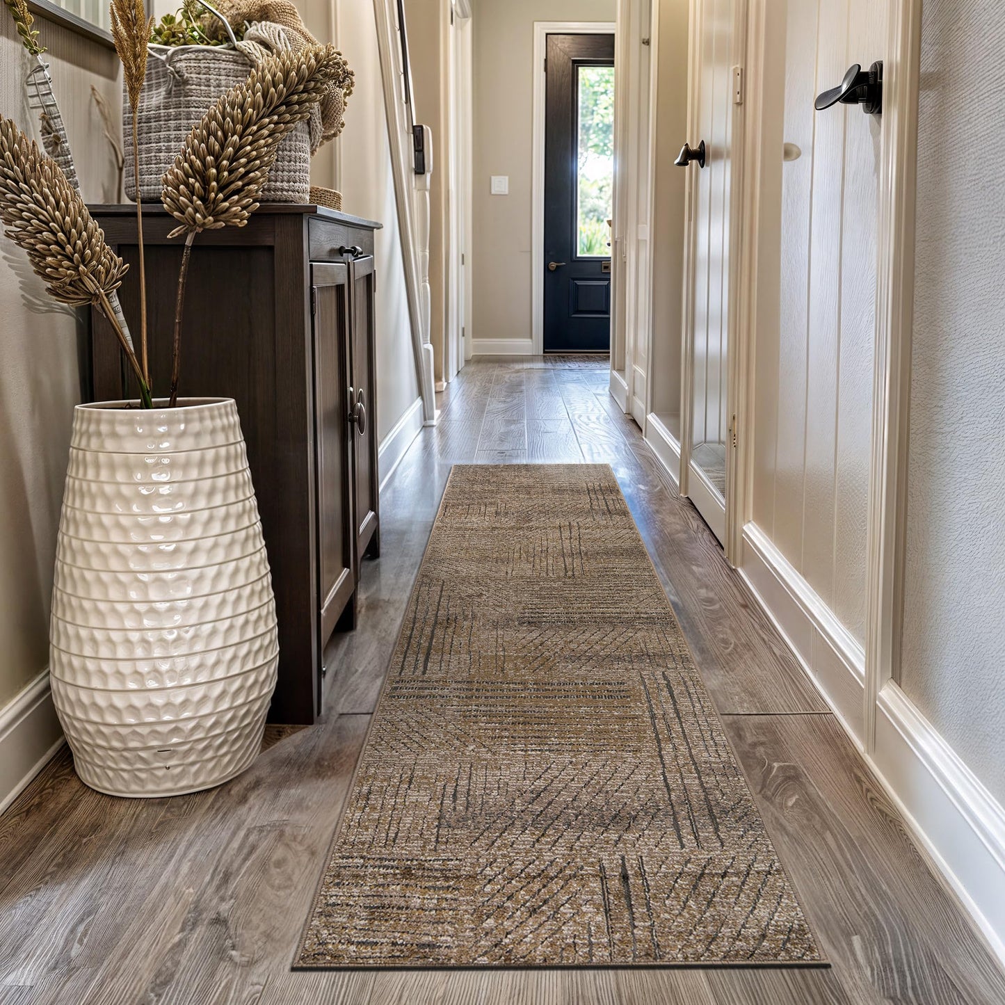 Rugshop Modern Patchwork High-Low Indoor Runner Rug, Earthtone Geometric Design, Jute Backing, Hallway Entryway Kitchen Rug, Easy-Care Spot Clean, 2' 3" x 12' Brown