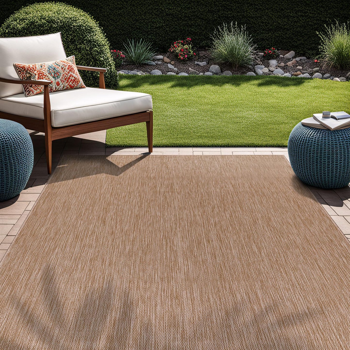 Beverly Rug Indoor Outdoor Rug 8x10, Washable Outside Carpet for Patio, Deck, Porch, Solid Modern Area Rug, Water Resistant, Jute Beige