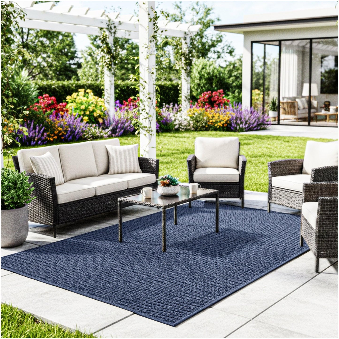 KOECKRITZ 7' x 12' Ocean Blue Area Rug - Soft, Durable Interlace Indoor-Outdoor Carpet for Living Room, Bedroom, Nursery - Lightweight PET Fiber, Cut-to-Size