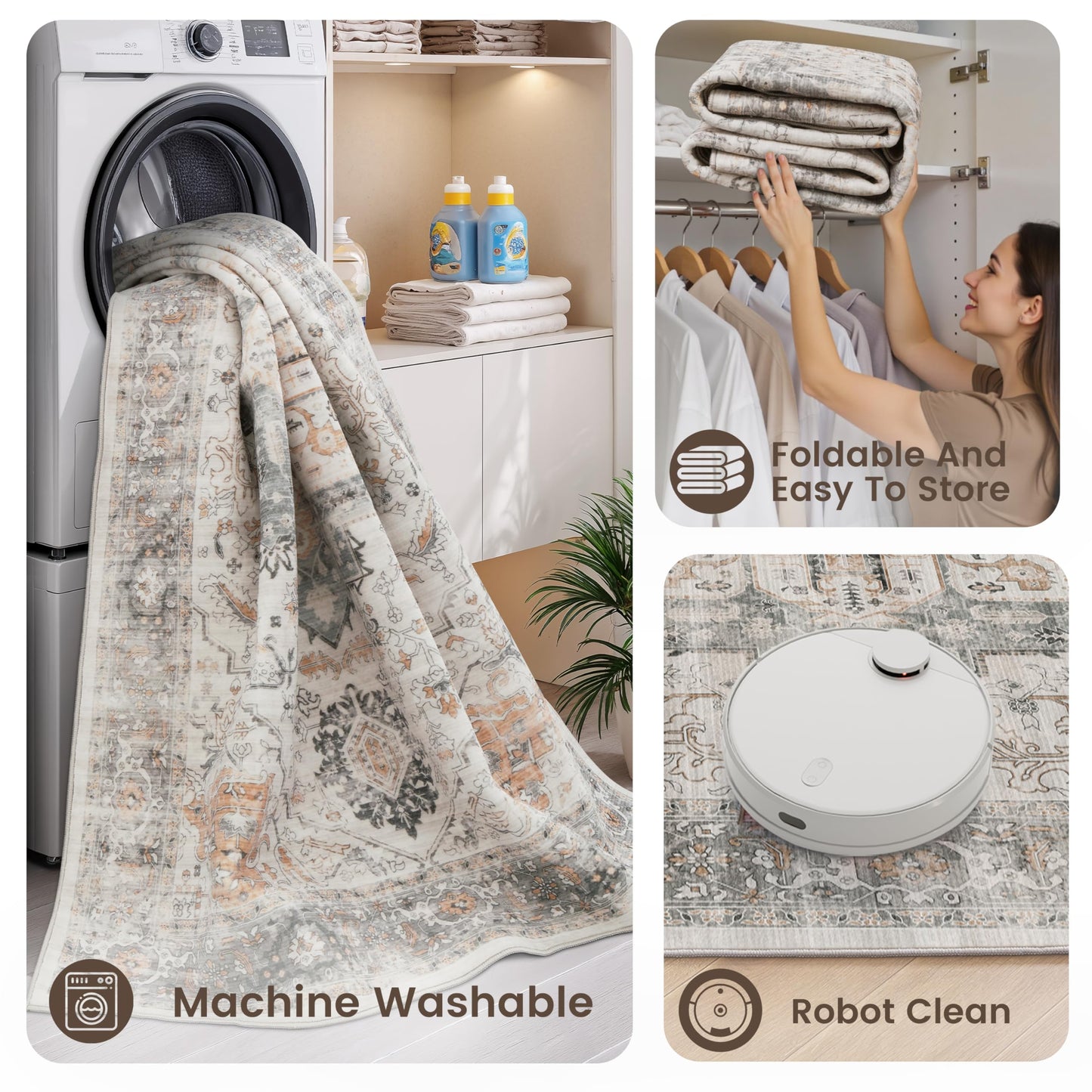 Rugland Washable Rugs 8x10 - Low Pile 8x10 Area Rugs, Anti Slip Stain Resistant Large Rugs for Living Room, Vintage Medallion Printed Machine Washable Area Rugs(8'x10', Taupe/Grey)