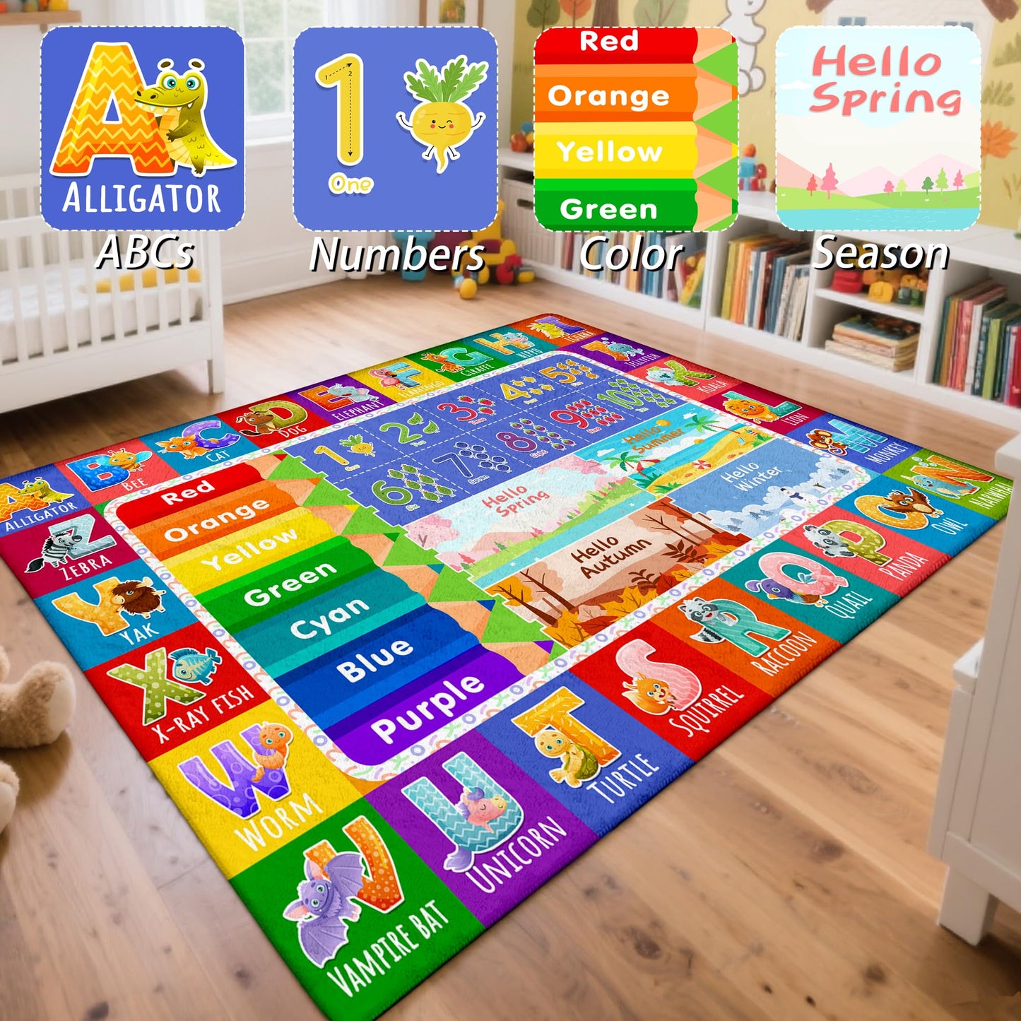 Kids Classroom & Playroom Rug - ABC Alphabet Educational Area Rug with Animals Colors & Numbers - Washable Non-Slip Carpet Playmat for Nursery Preschool & Reading Area 4x6 Feet