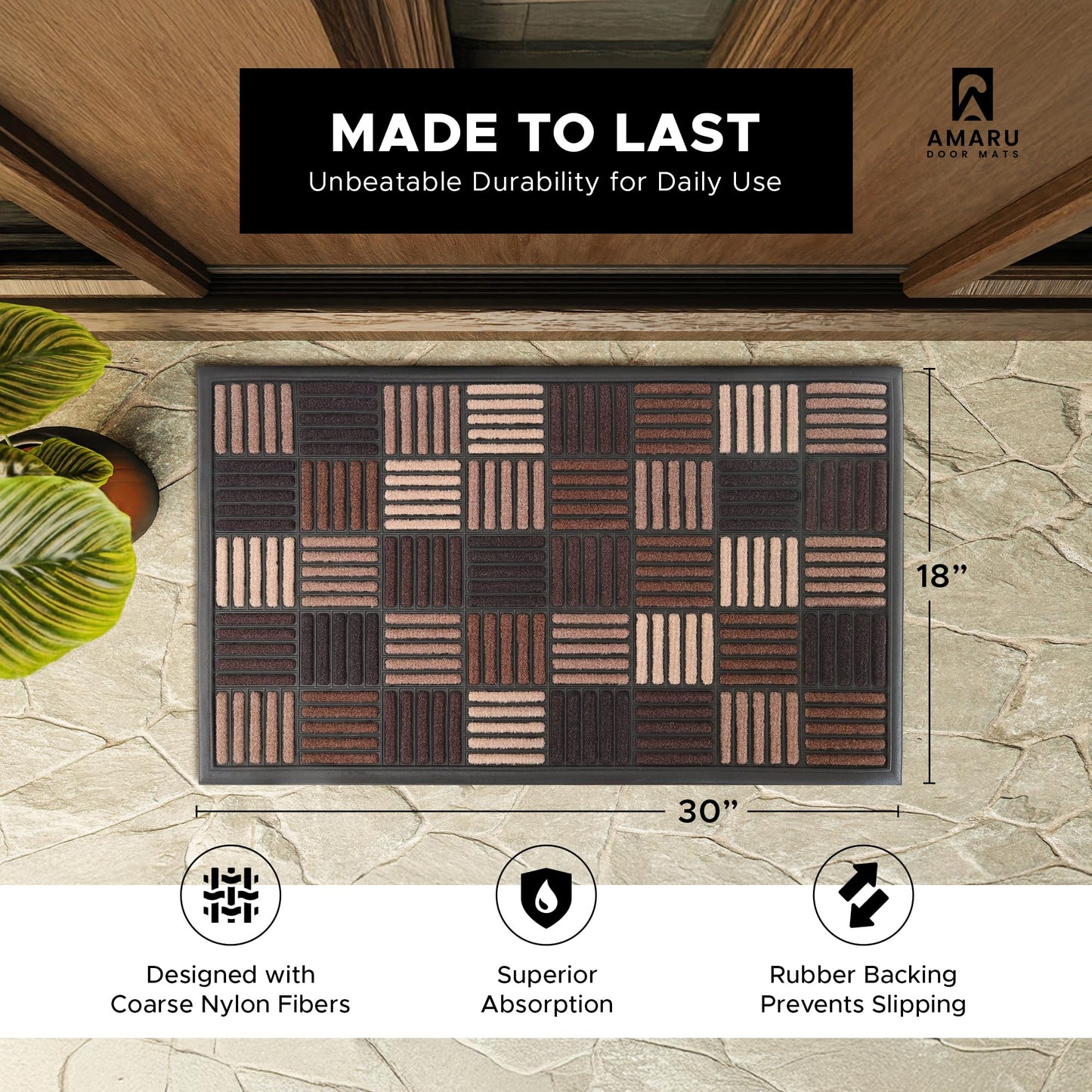 AMARU DOOR MATS - Welcome Mat for Front Door, Non-Slip, Sq Brown, 17x29in
