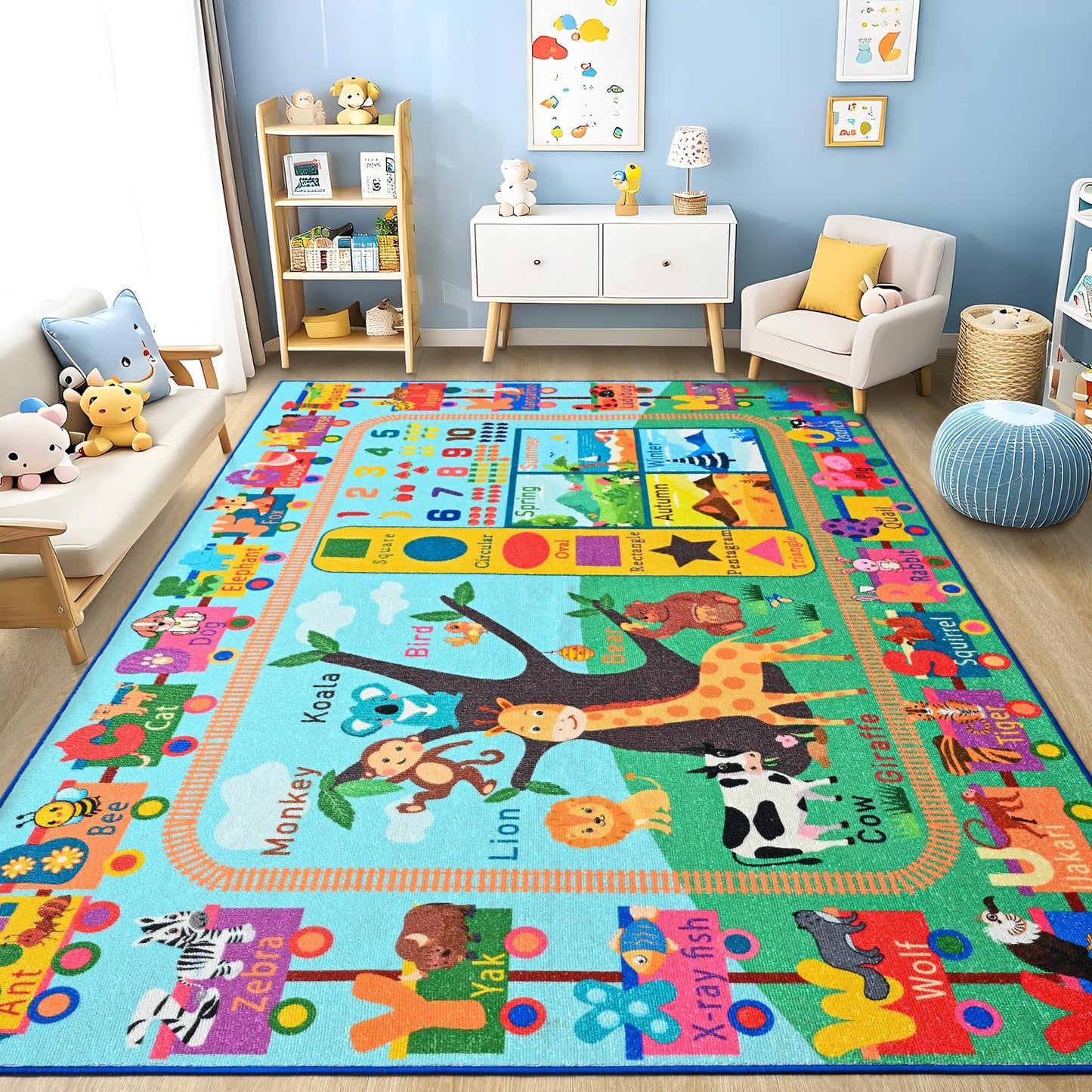 Zedrew Kids Rug for Playroom, 3x5 ABC Educational Carpet for Classroom, Fun Alphabet Area Rugs for Learn Numbers Season Animal Weather and Shapes Playmat for Girls Boys Room Nursery Decor