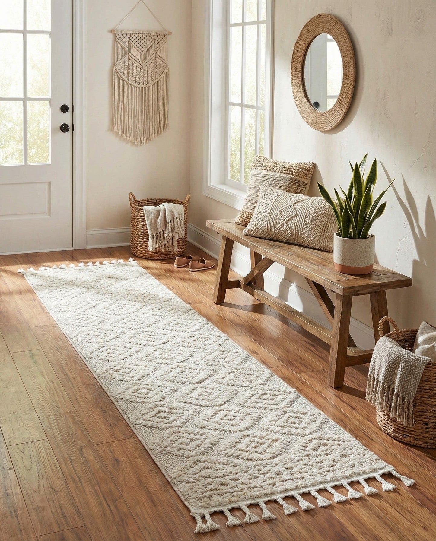Rugs.com - Boho Rug – 8 Ft Runner Ivory Easy-Clean Stain-Resistant Rug – Textured Trellis Pattern with Fringe, Ideal for Hallways, Entryways, and High-Traffic Areas