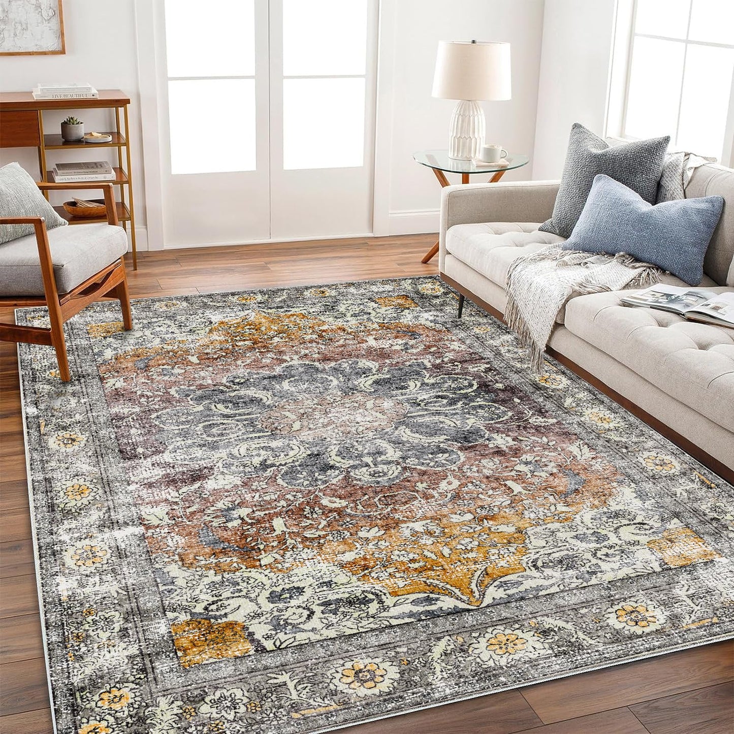 CHAMPLANT Area Rug 8x10 Washable Rug Taupe Vintage Traditional Mat Distressed Indoor Foldable Thin Retro Accent Rug Floral Print Non Slip Carpet Living Room Dining Room Office