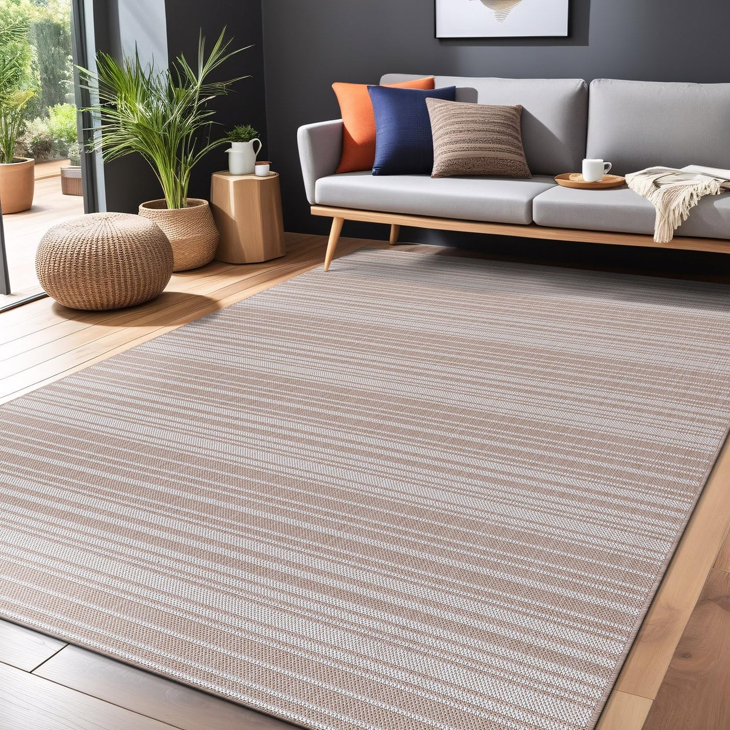 Luul Home Stripe Outdoor Rug 8x10 Washable Outside Carpet for Indoor Patio Porch Waterproof Easy Cleaning Non Shedding Area Rugs Beige 8 x 10