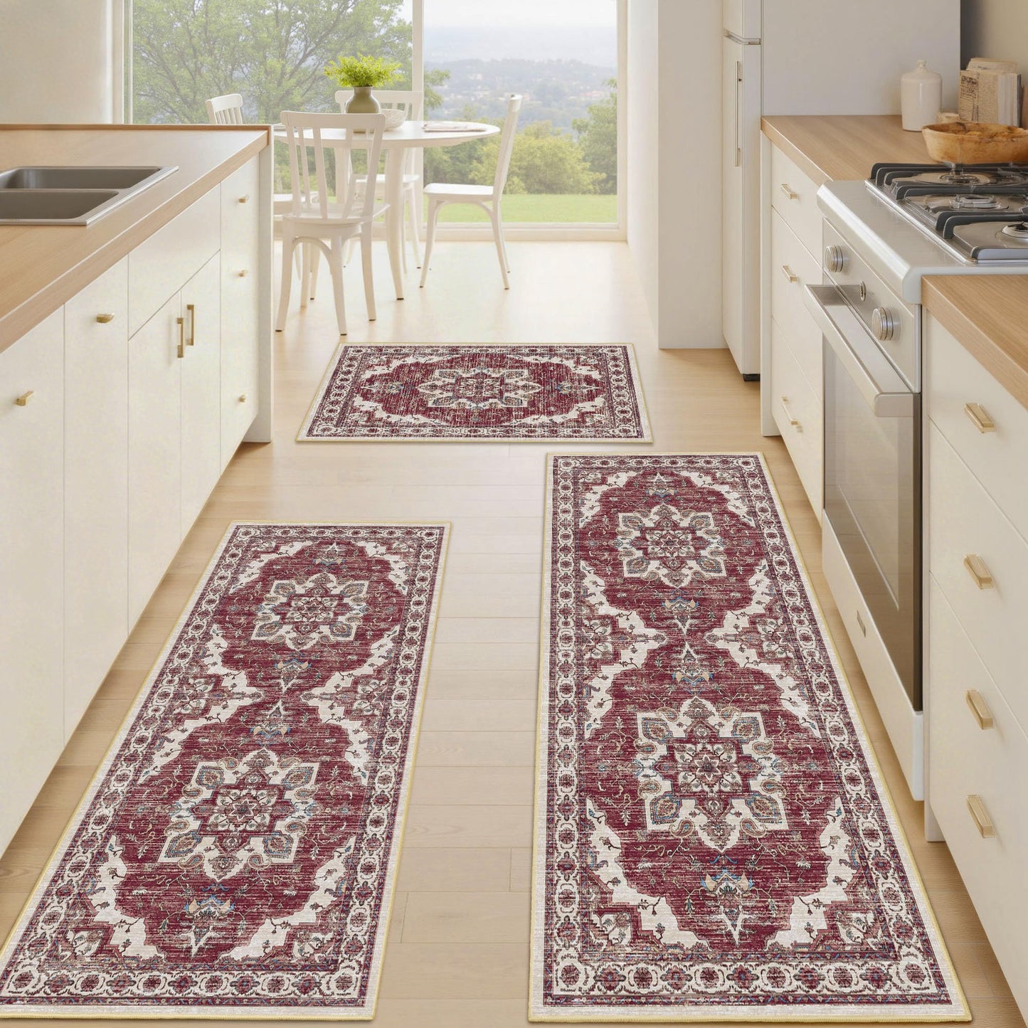 Tritard Non Slip Kitchen Rugs Sets of 3 Washable Kitchen Rug Boho Kitchen Mats for Floor Soft Kitchen Runner Rug Non Skid Kitchen Floor Carpet for Entryway Hallway Laundry Room, Brick Red