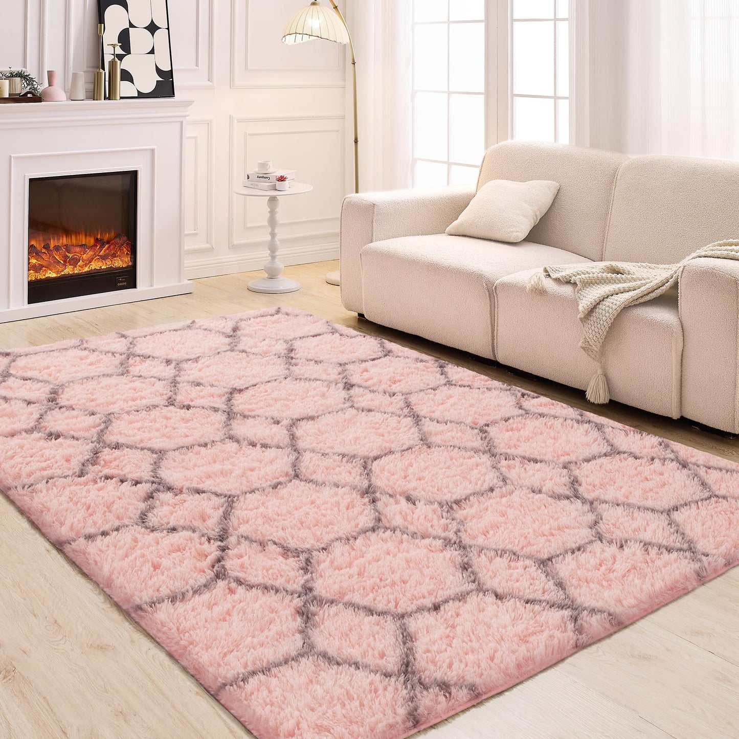 ARKIIKI Fluffy Rug for Bedroom Living Room, 4x6 Pink Soft Area Rug, Machine Washable Shag Geometric Fuzzy Kids Non Slip Carpet Home Decor Aesthetic, Plush Floor Mat for Nursery Teen Dorm, Pink/Grey